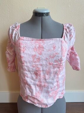 Cynthia Rowley 100% Linen Pink Toile Print Puff Sleeve Corset Top Cottagecore